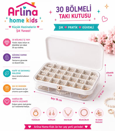 30 Bölmeli BeyazTakı Kutusu Düzenleyici Seyahat Çantası Kolye Yüzük Küpe Organizer 18cmx12,5cm