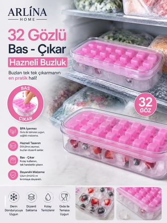 Arlina Home Kids 32 Gözlü Bas Çıkar Hazneli Buz Kalıbı Pembe