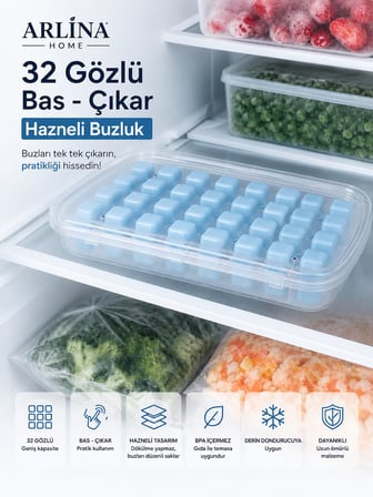 Arlina Home Kids 32 Gözlü Bas Çıkar Hazneli Buz Kalıbı Mavi