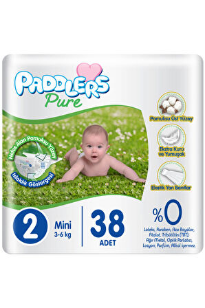 Paddlers Pure Bebek bezi 2 Numara Mini 38 Adet (3-6 Kg) Eko Paket