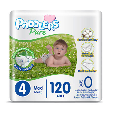 Paddlers Pure Bebek Bezi 4 numara Maxi 120 Adet ( 7-14 kg ) Süper Fırsat Paketi