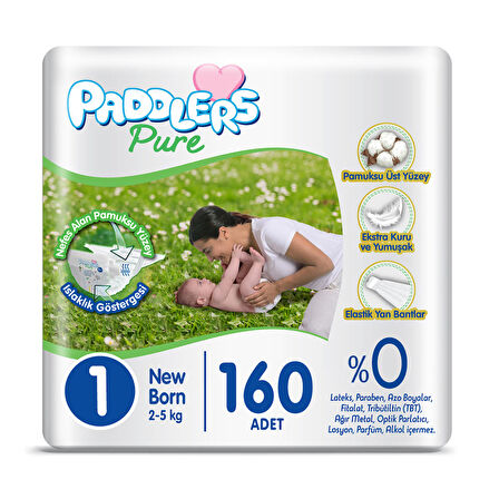 Paddlers Pure Bebek Bezi 1 numara Yenidoğan 160 Adet ( 2-5 kg ) Süper Fırsat Paketi