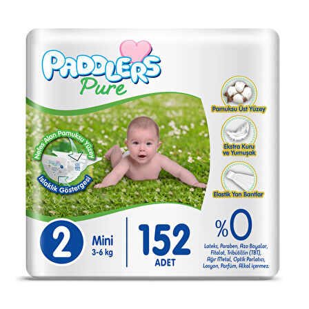 Paddlers Pure Bebek Bezi 2 Numara Mini 152 Adet ( 3-6 kg ) Süper Fırsat Paketi