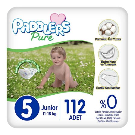 Paddlers Pure Bebek Bezi 5 Numara Junior 112 Adet (11-18 Kg) Ekstra Aylık Paket