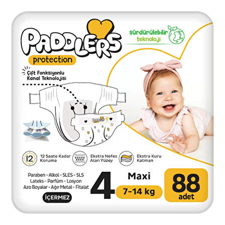 Paddlers Protection Bebek Bezi 4 Numara Maxi 88 Adet (7-14 Kg) 2'li Jumbo Set