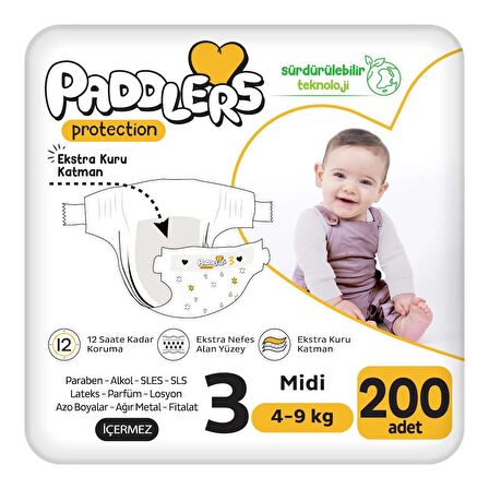 Paddlers Protection Bebek Bezi 3 Numara Midi 200 Adet (4-9 Kg) Ekstra Jumbo Set