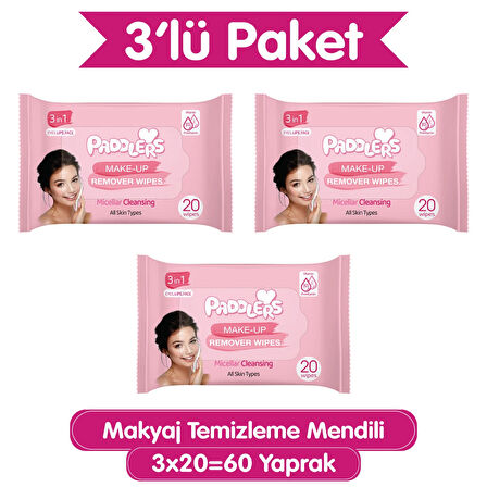 Paddlers 3'ü 1 Arada Makyaj Temizleme Mendili 3x20 (60 Yaprak)