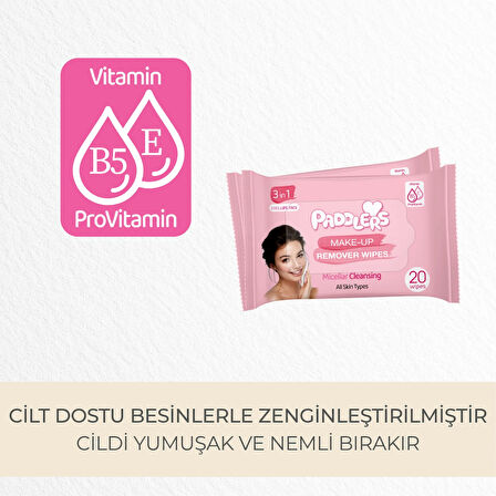 Paddlers 3'ü 1 Arada Makyaj Temizleme Mendili 6x20 (120 Yaprak)