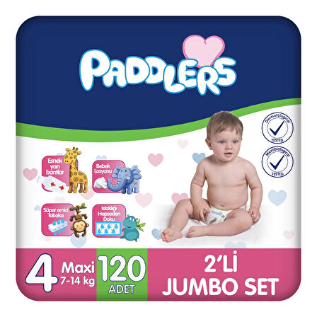 Paddlers Bebek Bezi 4 Numara Maxi 120 Adet (7-14 Kg) 2'li Jumbo Set