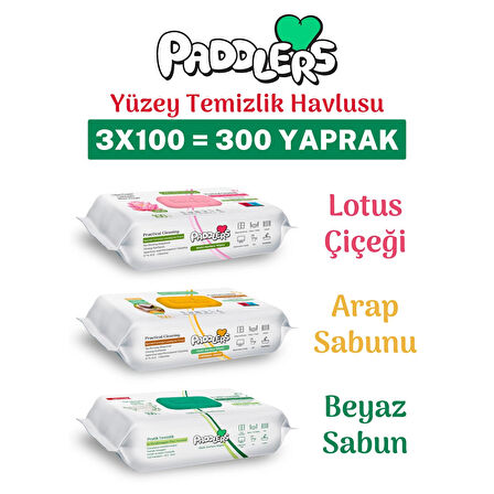 Paddlers Easy Clean Lotus Çiçeği & Arap Sabunu & Beyaz Sabun Katkılı Yüzey Temizlik Havlusu 3x100 (300 Yaprak)
