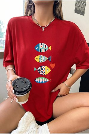Unisex Renkli Balıklar Baskılı Bej Tişört Baskılı Tasarım Tshirt