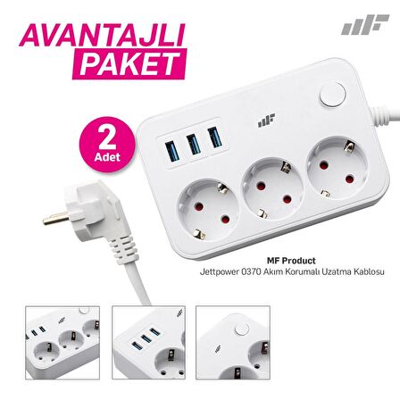 MF Product Jettpower 0370 Koruma Anahtarlı 3 USB'li 2 Mt Uzatma Kablosu  - Avantajlı 2'li Paket