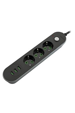 MF Product Jettpower 0366 Akım Korumalı 3 USB'li 3'lü Grup Priz 2 m Uzatma Kablosu Siyah	