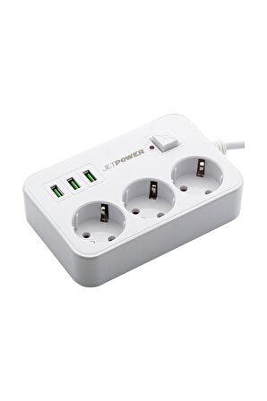 MF Product Jettpower 0370 Akım Korumalı 3 USB'li 3'lü Grup Priz 2 m Uzatma Kablosu Beyaz	