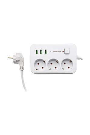 MF Product Jettpower 0370 Akım Korumalı 3 USB'li 3'lü Grup Priz 2 m Uzatma Kablosu Beyaz	