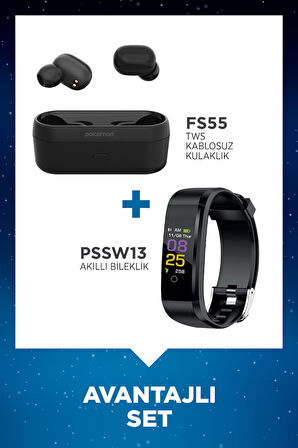 Polosmart FS55 Kablosuz Kulaklık + Polosmart PSSW13 Akıllı Bileklik Set Siyah