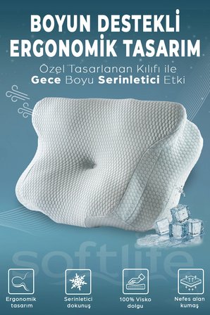 NOVA ICE Serinletici Kılıflı Visco Soğuk Yastık Ortopedik Boyun Destekli Memory Foam Ergonomik Yastık 62x42x13/10cm