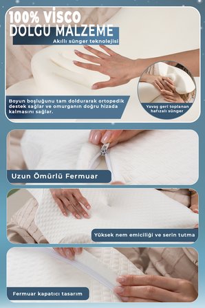 NOX Boyun Destekli Ortopedik Visco Yastık Beyaz- Rahat Uyku ve Güzellik Yastığı 64x38x12,5 cm