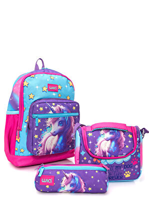 Wia Kız Çocuk Unicorn Desenli 3'lü Okul Çanta Seti