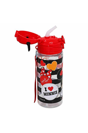 Minnie Lisanslı Pipetli Plastik Matara 500 ml Kırmızı ve Beslenme Kabı