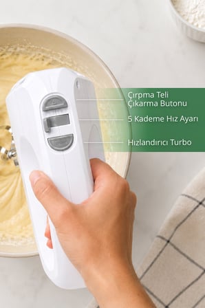 Kiwi KMX-3620 Mikser 5 Kademe Turbo Fonksiyon Hamur Kancalı Saklama Kutulu Beyaz