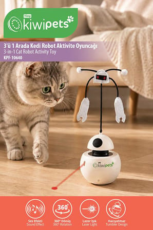 Tiny Kiwipets KPT-10640 3’ü 1 Arada Kedi Robot Aktivite Oyuncağı | Hareketli Top | Lazer | Otomatik Kapanma
