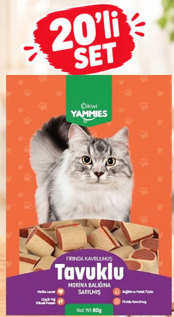 Kiwi Pets Kyct-50354 Yammies Tavuklu Morina Balığına Sarılmış Kedi Ödül Maması  80gr 20Lİ SET