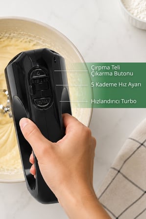 Kiwi KMX-3620 Mikser 5 Kademe Turbo Fonksiyon Hamur Kancalı Saklama Kutulu Siyah