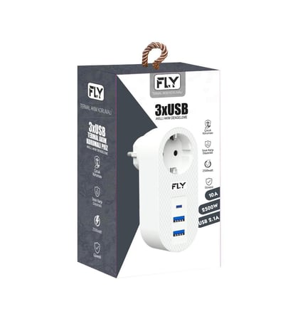 FLY-3400-01 1'li AKIM KORUMALI PRİZ+2 USB+TYPE-C Ş