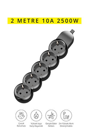 45620 Akım Korumalı 5'li Priz Uzatma Kablosu / Çocuk Koruması / 2 Metre Kablo / Isıya Dayanıklı