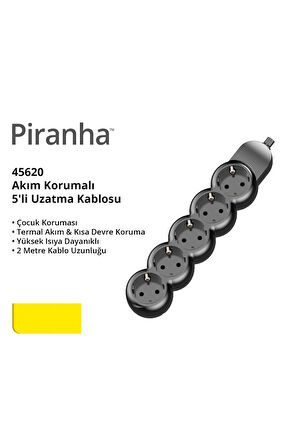 45620 Akım Korumalı 5'li Priz Uzatma Kablosu / Çocuk Koruması / 2 Metre Kablo / Isıya Dayanıklı