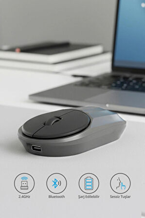 7657 Bluetooth + 2.4 Ghz Şarj Edilebilir Sessiz Tuşlu Kablosuz Mouse
