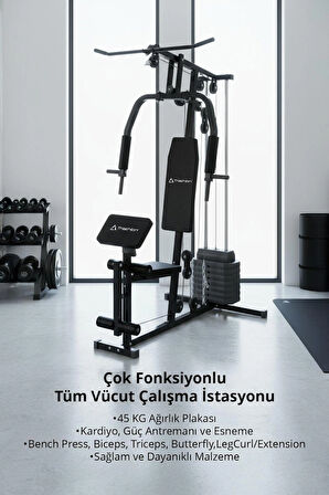 T-221 Çok Fonksiyonlu Tüm Vücut Çalışma Istasyonu / 45 Kg Ağırlık Plakası / Kardiyo - Güç - Esneme