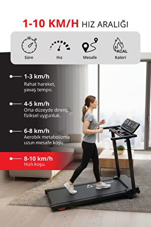 T-229 Katlanabilir Koşu Bandı / LCD LED Ekran /Bluetooth ve Hoparlör/2HP Güç 10 KM Hız/ Nabız Ölçme