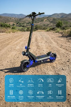 5025-M 1000W Elektrikli Scooter 48V 15Ah 50-60 Km Menzil Katlanabilir Çift Süspansiyon Off-Road Lastik