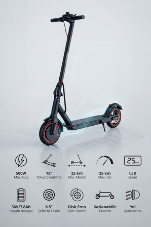 5010-K 500W Elektrikli Scooter | 36V 7.8Ah Pil | LED Aydınlatma | LCD Ekran | Uygulama Destekli | Katlanabilir