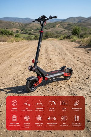 5025-K 1000W Elektrikli Scooter 48V 15.6Ah 50-60 Km Menzil Katlanabilir Çift Süspansiyon Off-Road Lastik