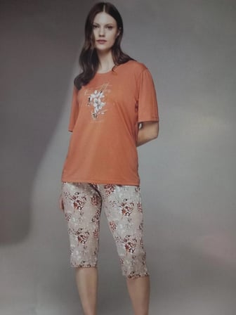 3nbe Kadın Büyük Beden Pijama Takımı Çiçekli Kısa Kollu Turuncu 4XL