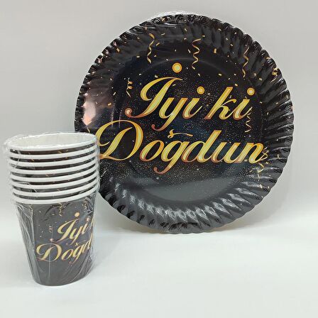 İyiki Doğdun Siyah Gold Karton Tabak Bardak Seti - 8 Kişilik