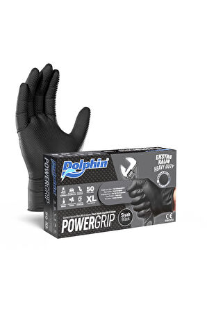 Dolphin PowerGrip Ekstra Kalın Siyah Nitril Eldiven Elmas Dokulu (50 Adet/Kutu)