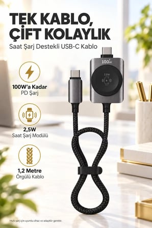 100W PD Type-C USB-C Hızlı Şarj Kablosu 5A Örgülü 1,2 Metre Akıllı Saat Şarj Destekli 2'si 1 Arada