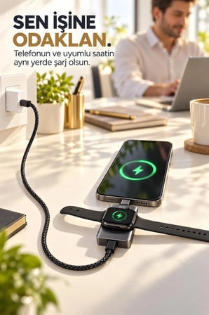 100W PD Type-C USB-C Hızlı Şarj Kablosu 5A Örgülü 1,2 Metre Akıllı Saat Şarj Destekli 2'si 1 Arada