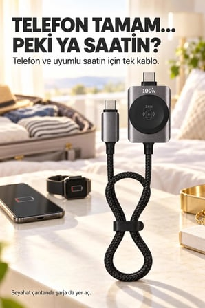 100W PD Type-C USB-C Hızlı Şarj Kablosu 5A Örgülü 1,2 Metre Akıllı Saat Şarj Destekli 2'si 1 Arada