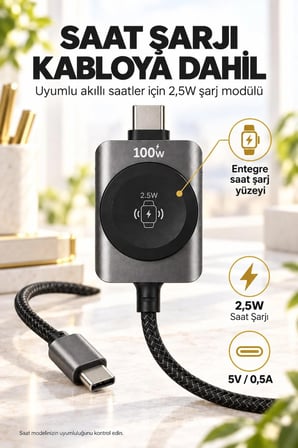 100W PD Type-C USB-C Hızlı Şarj Kablosu 5A Örgülü 1,2 Metre Akıllı Saat Şarj Destekli 2'si 1 Arada