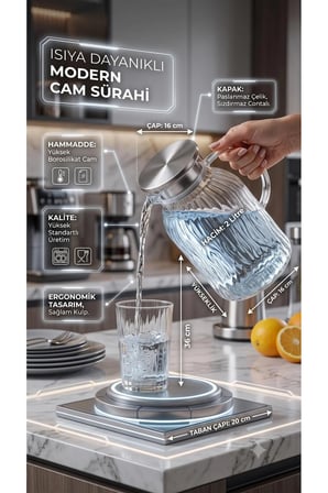 Isıya Dayanıklı Modern Borosilikat Cam Sürahi 2 Litre Paslanmaz Çelik Kapaklı Su Sürahisi