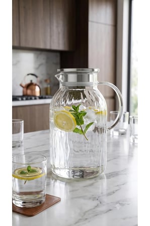 Isıya Dayanıklı Modern Borosilikat Cam Sürahi 2 Litre Paslanmaz Çelik Kapaklı Su Sürahisi