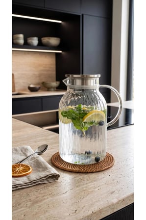 Isıya Dayanıklı Modern Borosilikat Cam Sürahi 2 Litre Paslanmaz Çelik Kapaklı Su Sürahisi