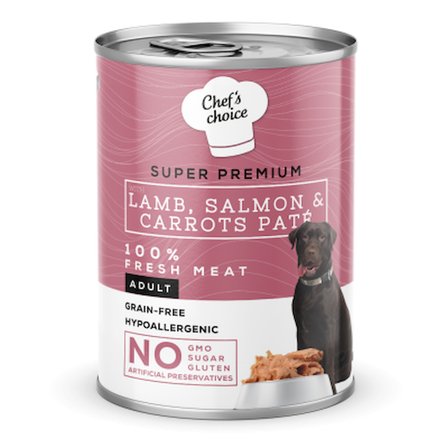 Chef’s Choice Hipoalerjenik Tahılsız Kuzulu, Somonlu ve Havuçlu Ezme Yetişkin Köpek Konservesi 400 Gr - 12'li Paket