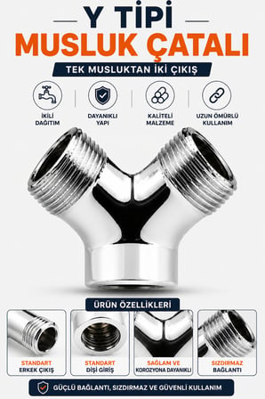 Musluk Çatalı Y Tipi Çift Çıkışlı Su Dağıtıcı Adaptör Krom Musluk Bağlantı Aparatı