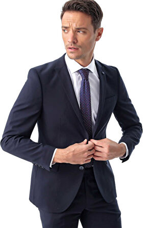 Erkek Lacivert Basic Düz Slim Fit Dar Kesim Çift Yırtmaç Takım Elbise